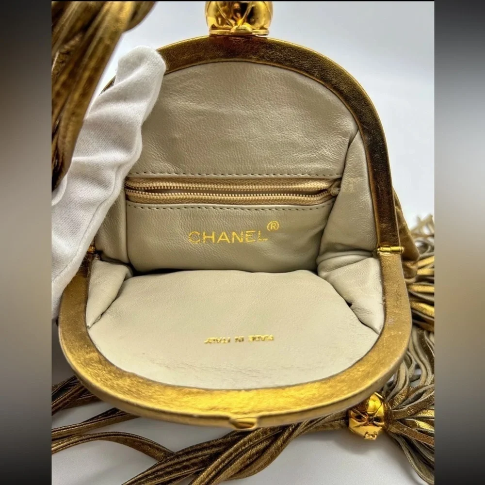 Chanel Quilted Vintage Rare Gold Bronze Waist Pouch bag Tie Fringe sling